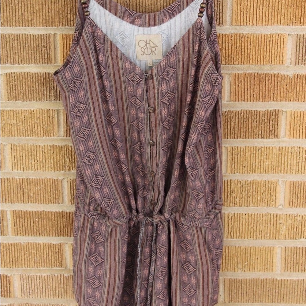 Chaser Button up Romper- brown/pink tribal print